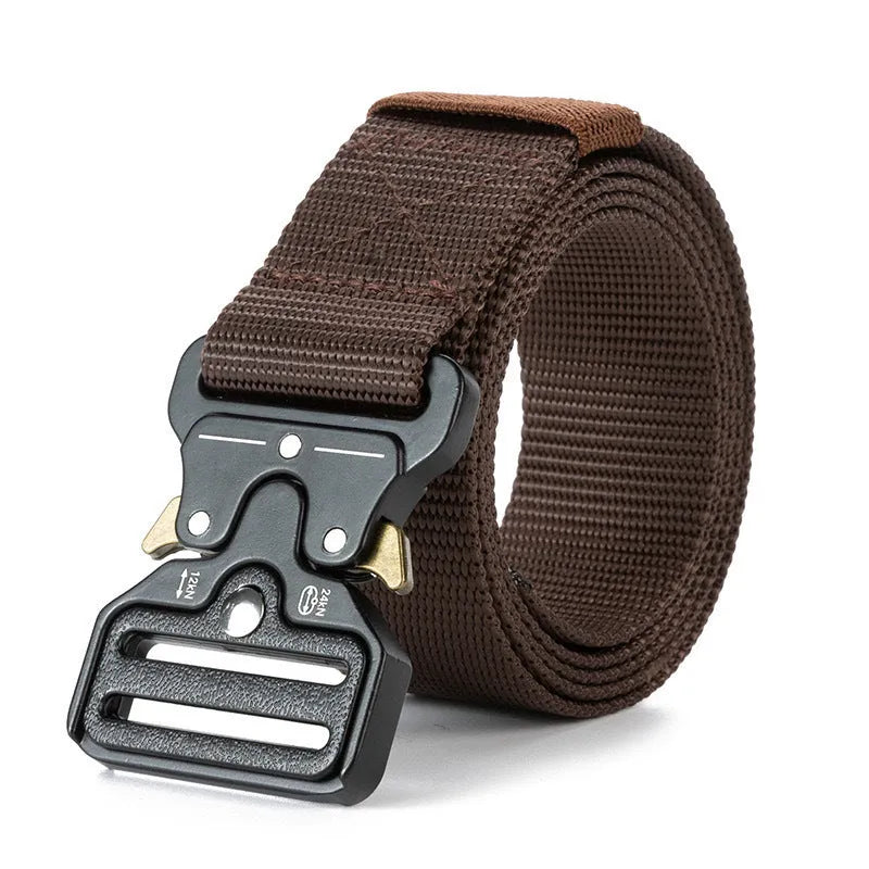 Men's thick canvas tactical belt with alloy release buckle, shown in multiple colour options including Army Green and black.