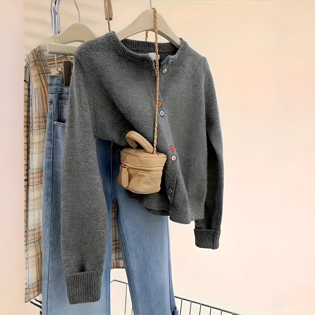 Dark grey women's polyester cardigan with button front and long sleeves
