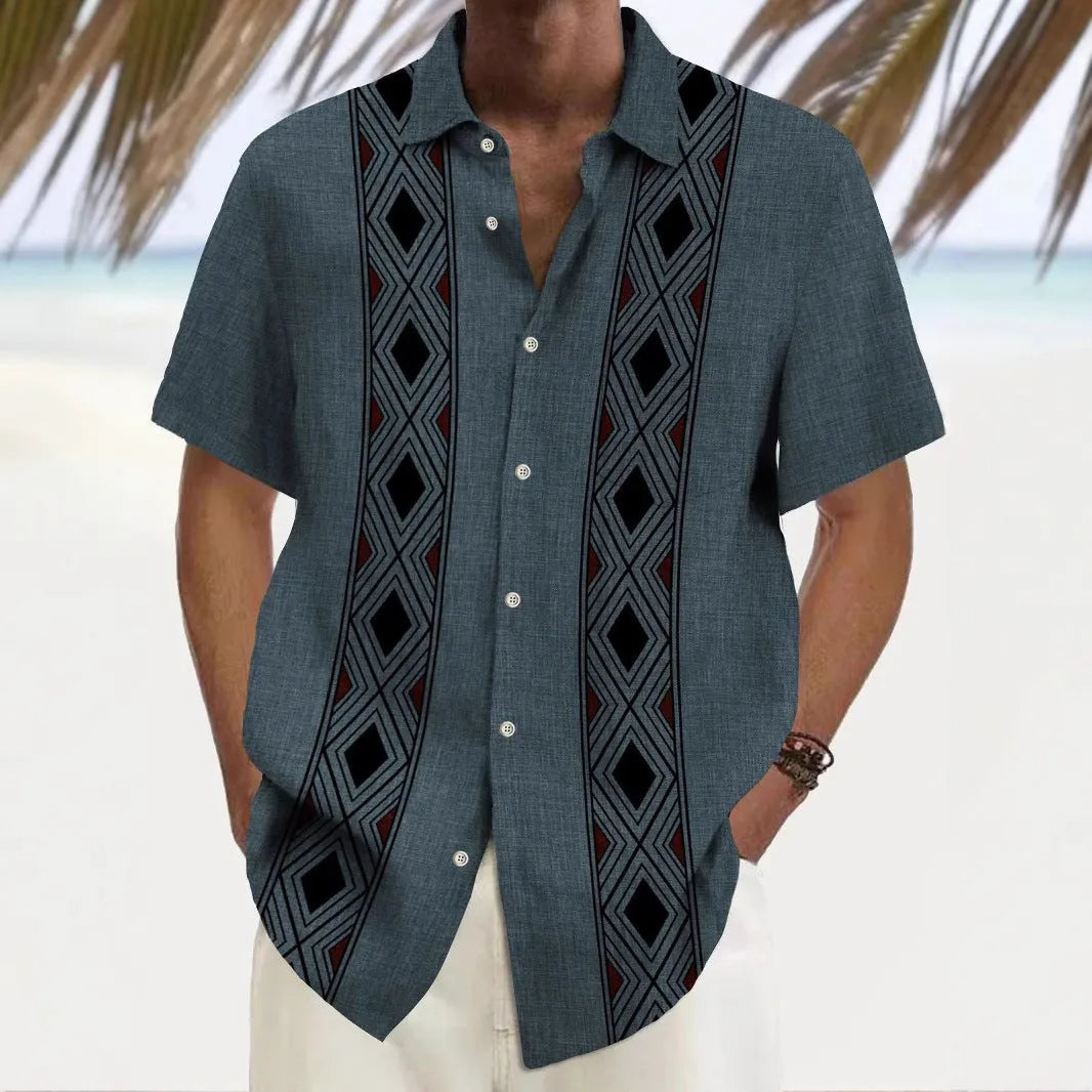 Man modelling a loose-fit printed multicolour casual shirt with a cardigan style.