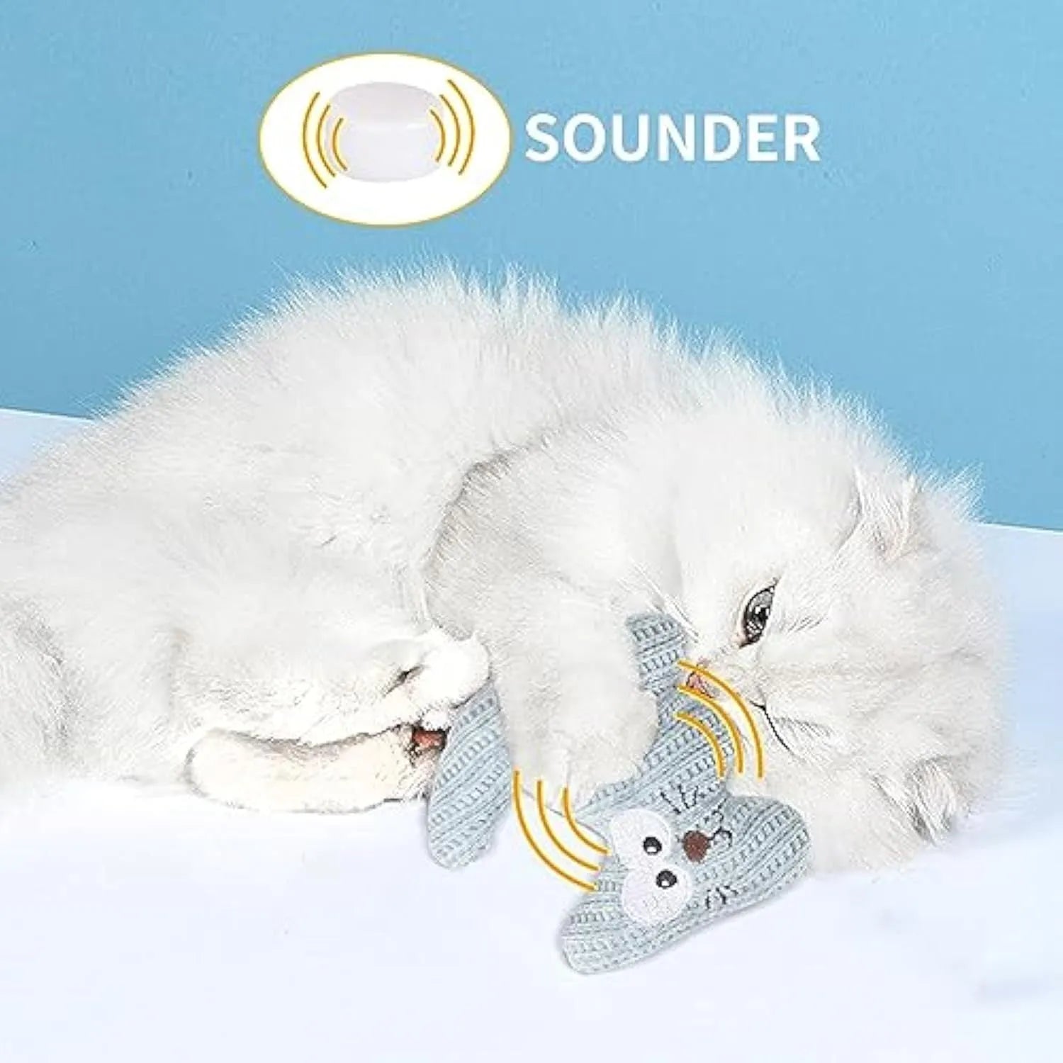 Cyan knitted plush cat toy with rope ends, measuring 12cm, containing a bell and organic catnip.