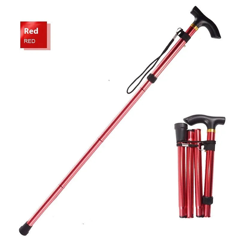 Aluminium folding walking stick extended to show adjustable length and non-slip rubber tip.