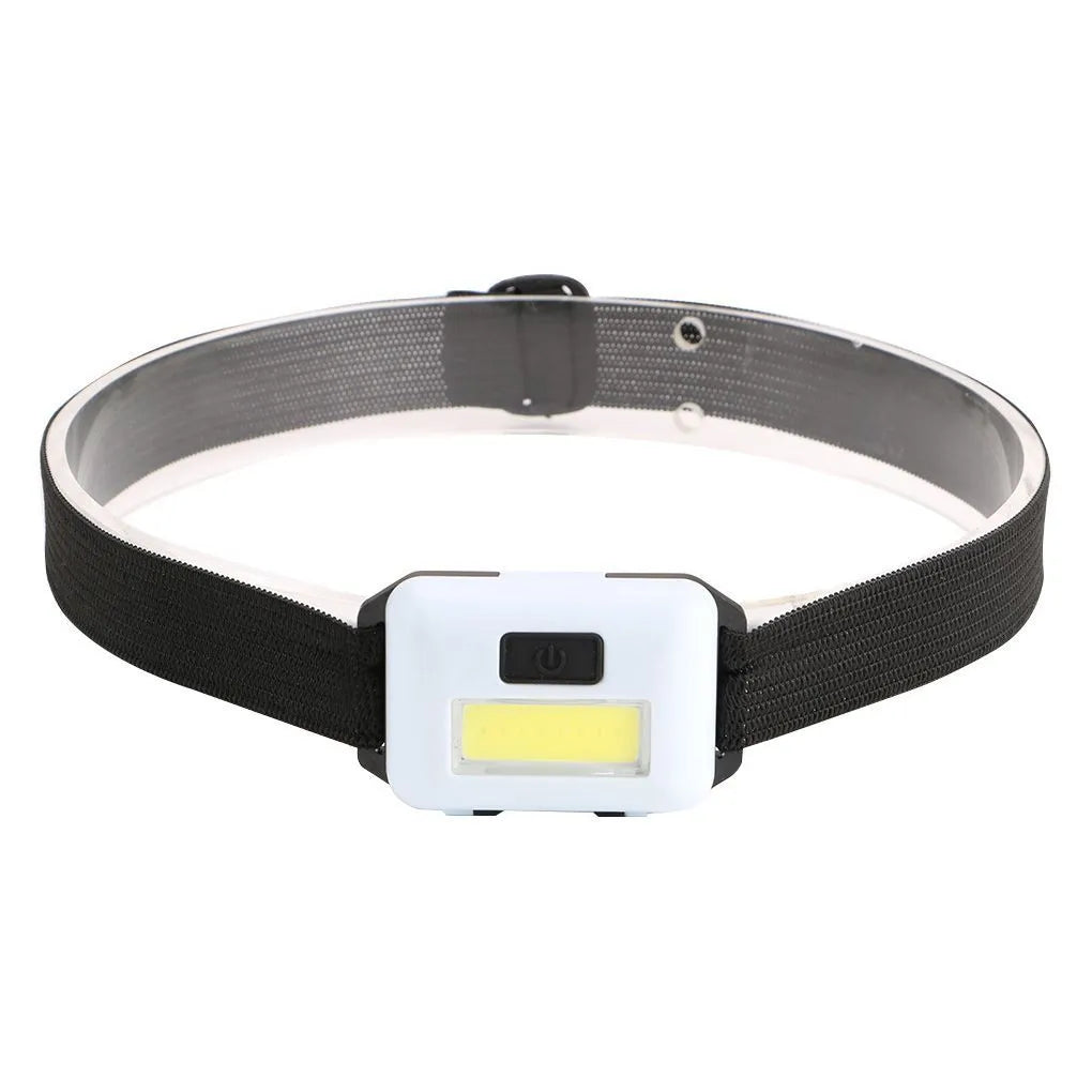Black Mini COB LED headlight with adjustable polyester head strap, showing compact size.