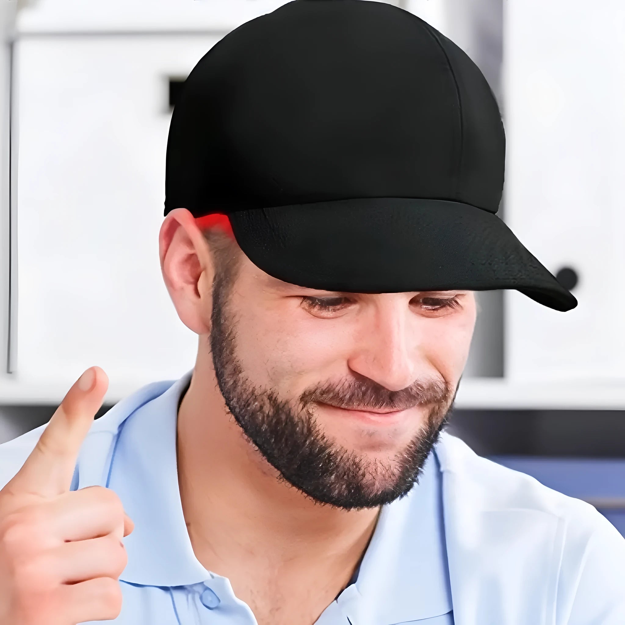 Black infrared peaked hair growth cap with LED lights and controller