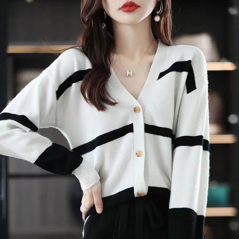 Women's striped knitted cardigan with V-neck, button front, and 3D pattern texture