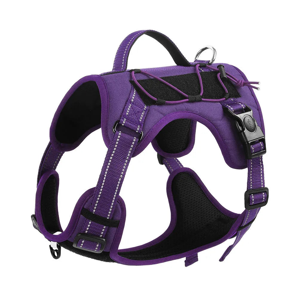 Orange reflective dog vest harness with integrated black hand-holding rope and adjustable straps.