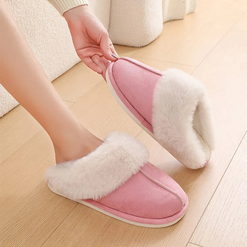 Brown women's plush indoor slippers with round toe, flat heel, and textured PVC anti-slip sole.