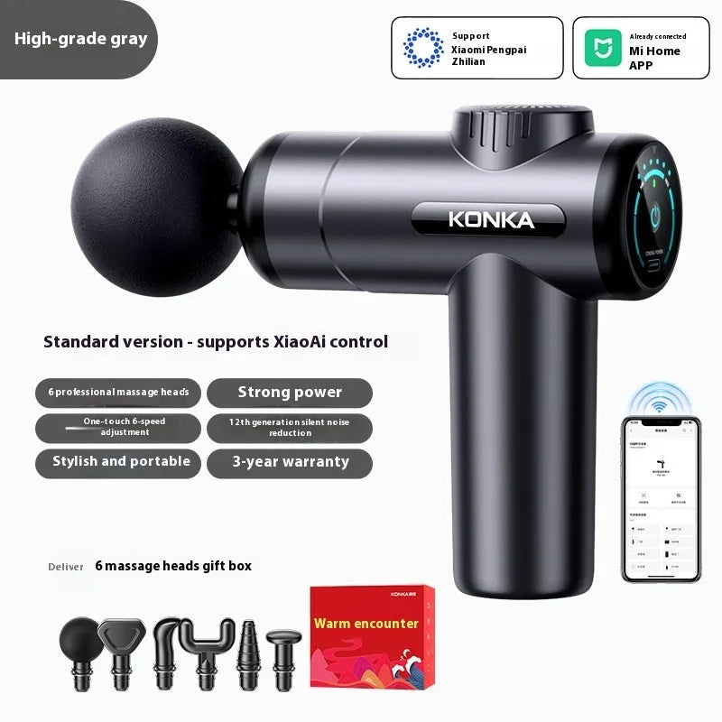 Konka professional mini electric massage gun with multiple attachment heads on a grey background