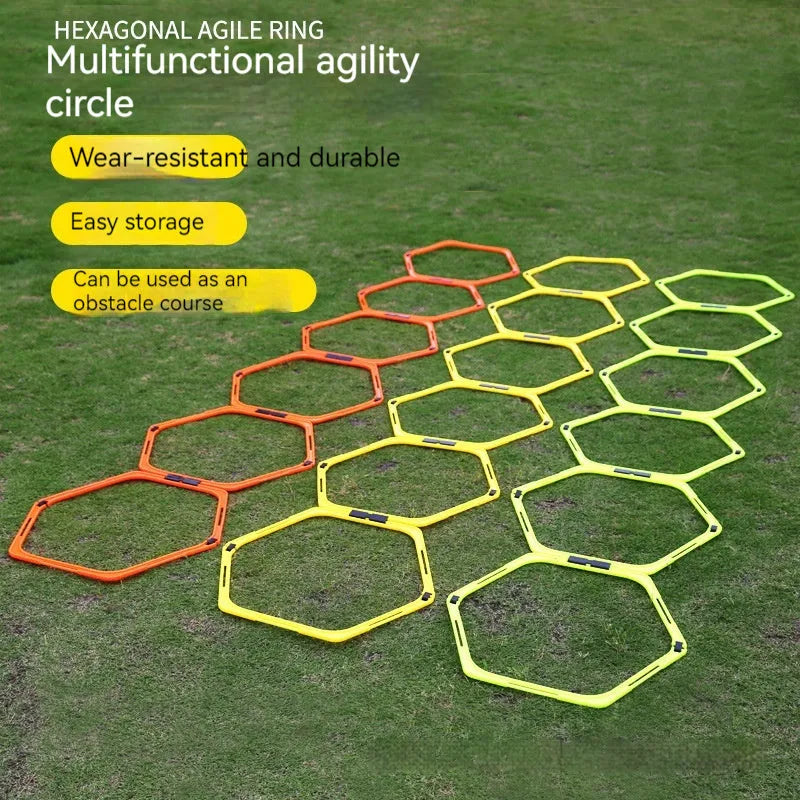 Set of six foldable hexagon football agility training rings in yellow green and orange plastic