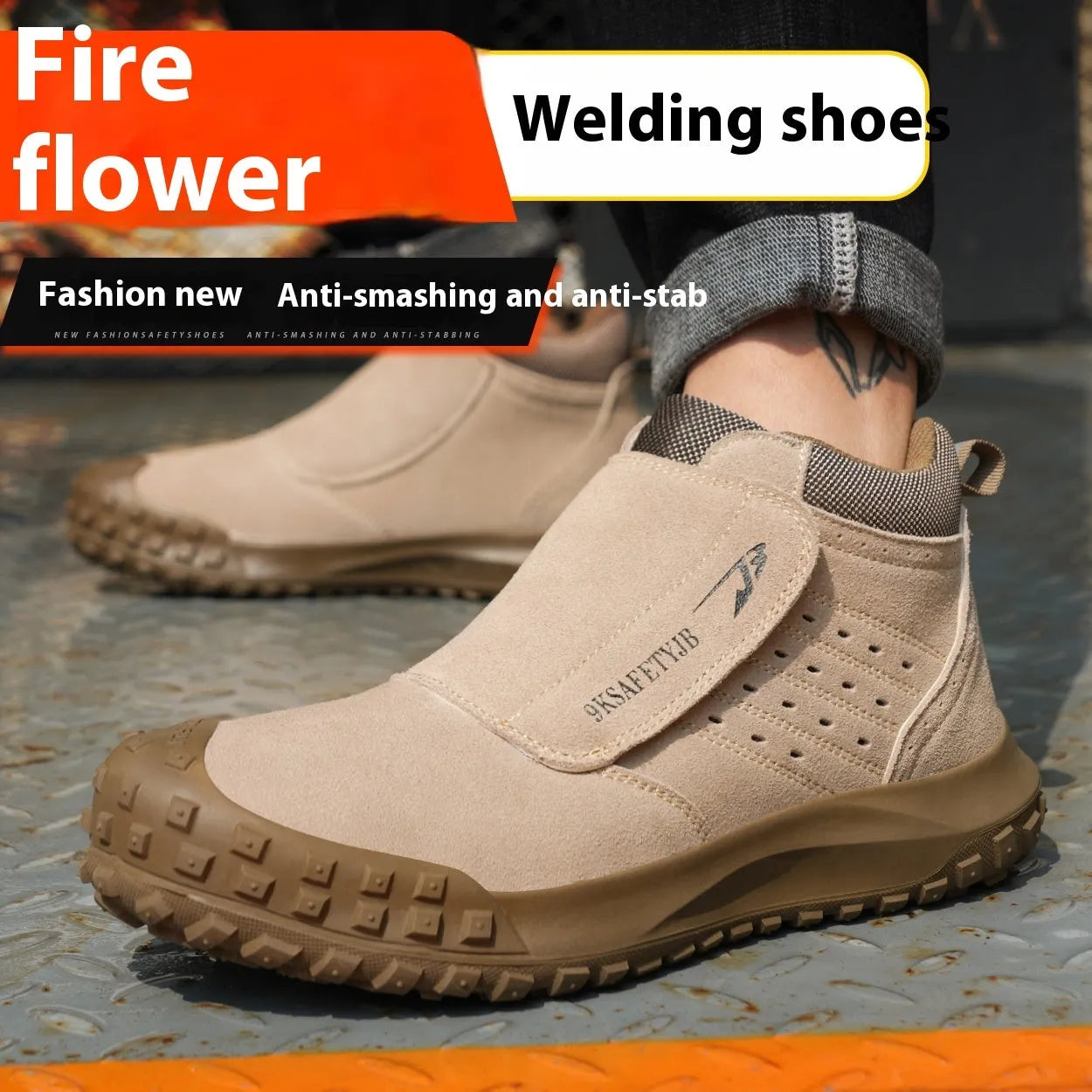 Four Seasons lightweight welder safety shoes with steel toe cap in sand colour with front lace-up closure
