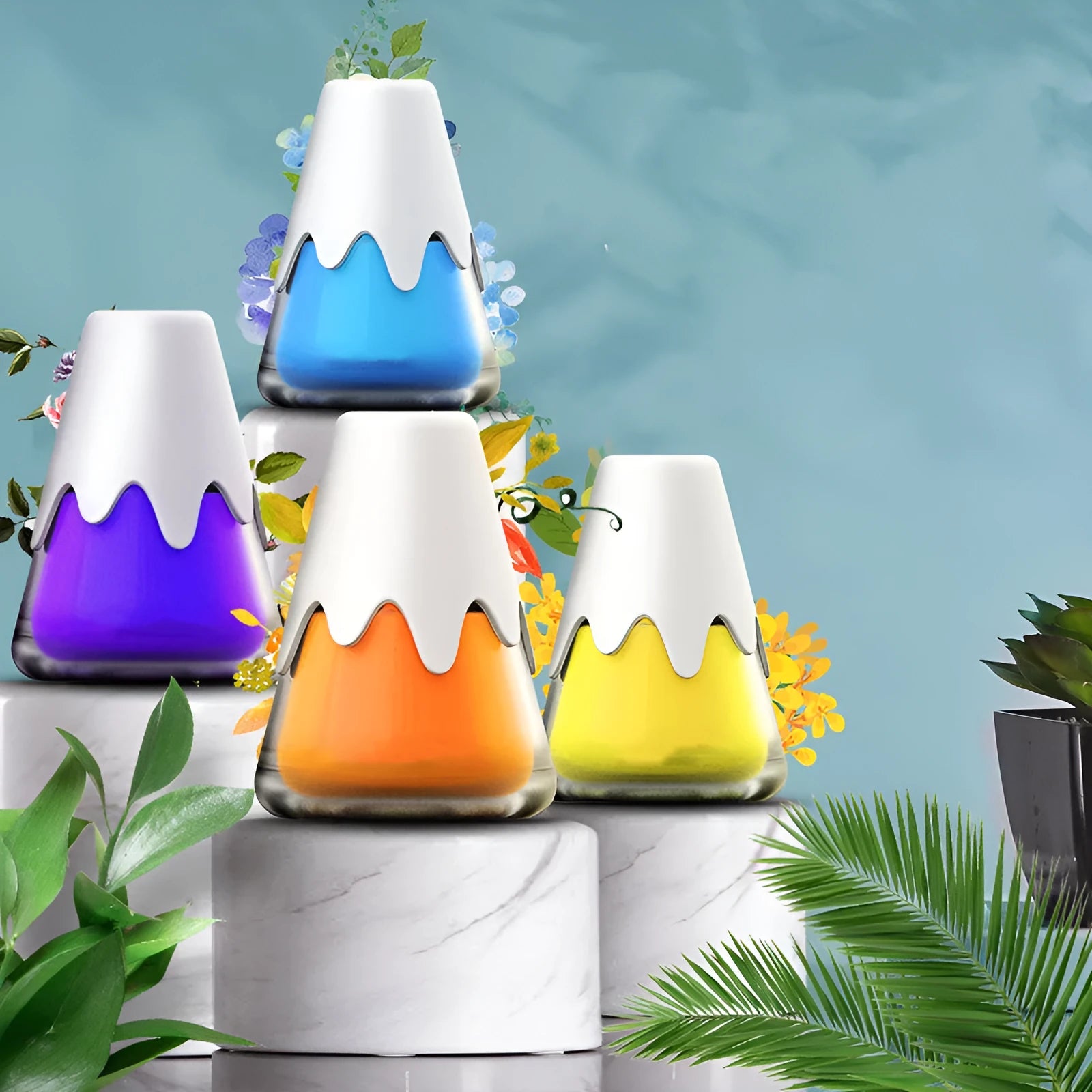 Glass car mounted snow mountain aroma diffuser with purple flower bouquet scent in vehicle interior