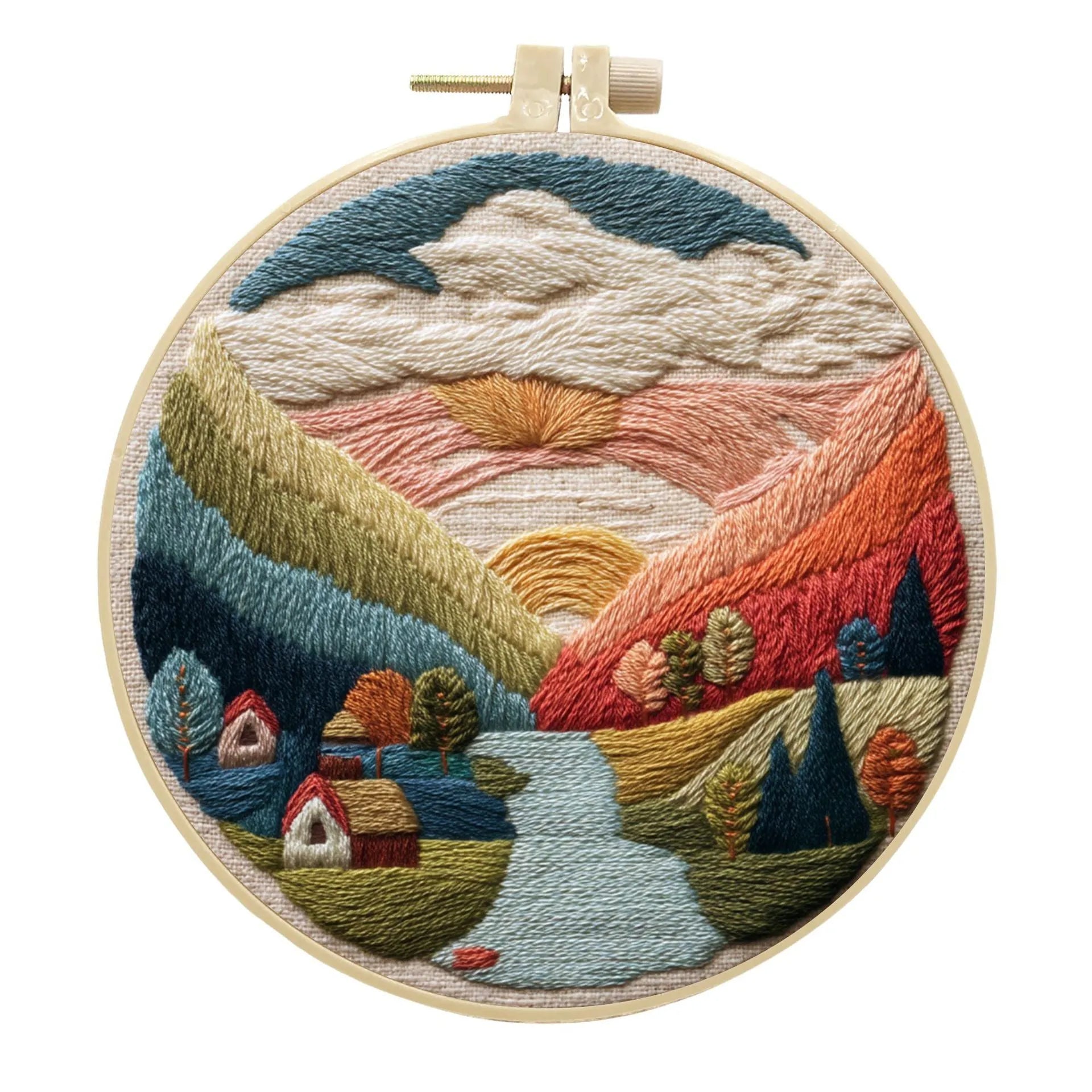 Embroidery kit with cotton fabric, bamboo frame, threads, and printed landscape design for DIY textile art