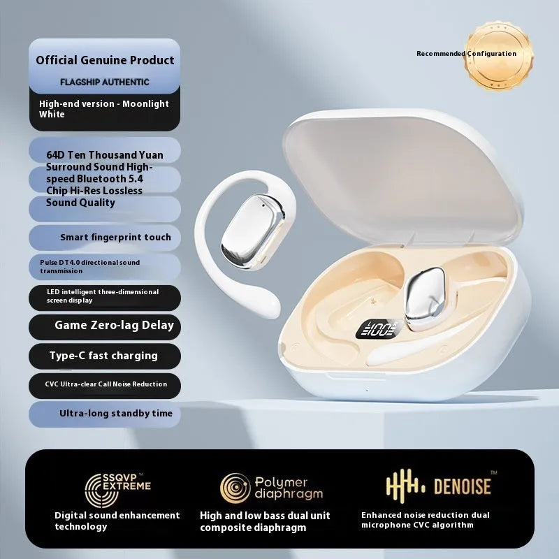 Ear-mounted headphones with digital display screen in black, skin colour, or white options