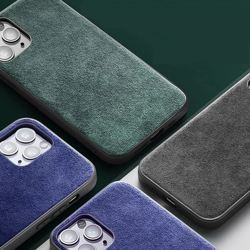 Suede back cover phone case for iPhone in elegant black, dark night green and dark blue.