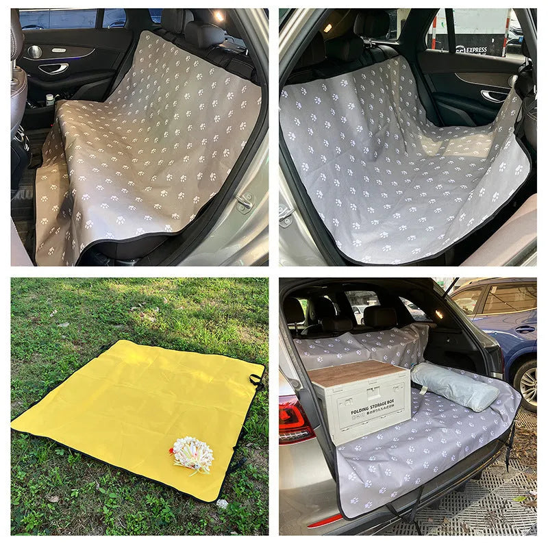Dog car seat protector mat on rear bench seats in grey dog footprints pattern