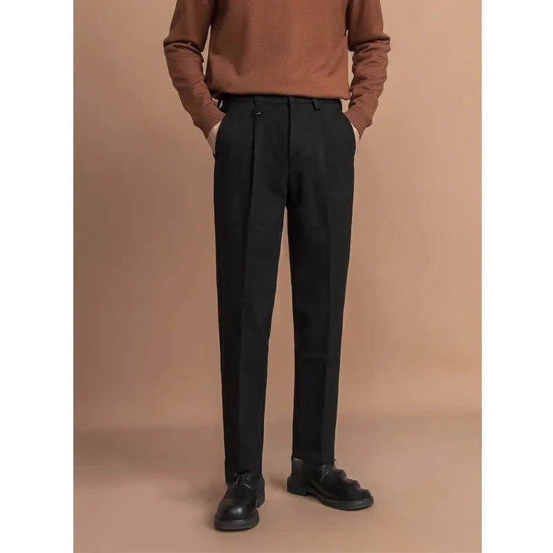 Men's straight leg casual business trousers in black, shown in a light business style setting.