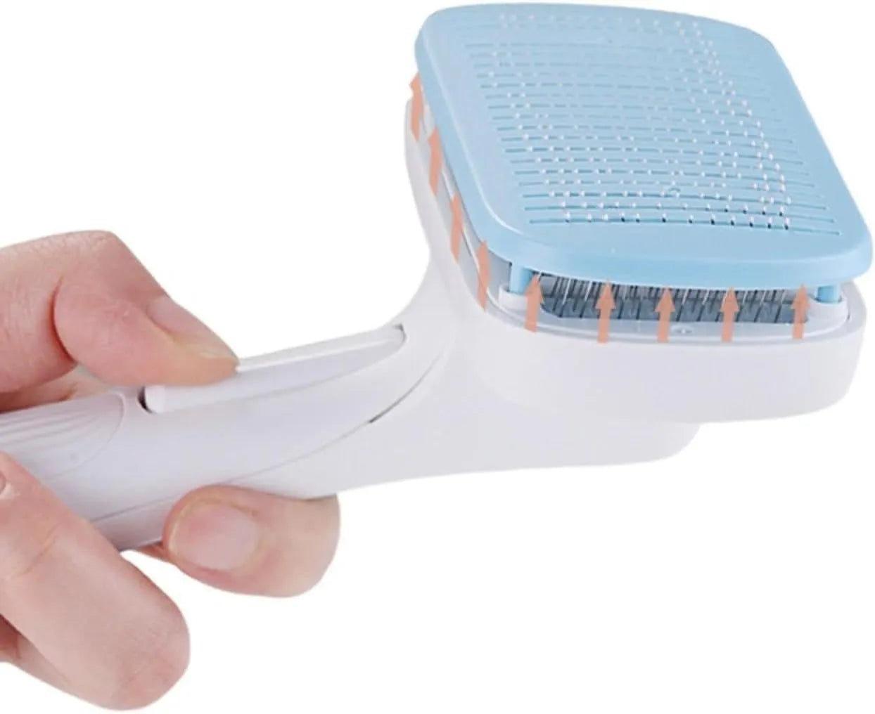 Automatic pet hair removal comb for dogs and cats in blue, grey, green or pink.