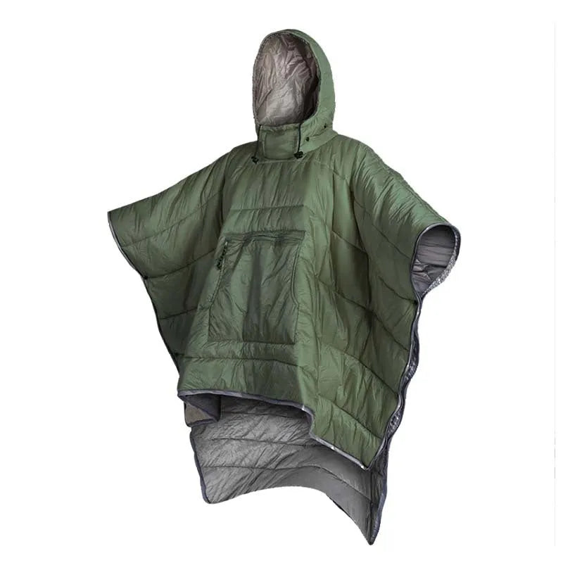 Army Green outdoor cloak sleeping bag wearable camping blanket showing cape and blanket functions