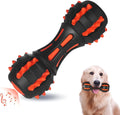 Red dumbbell-shaped durable rubber dog chew toy for large breeds on a white background