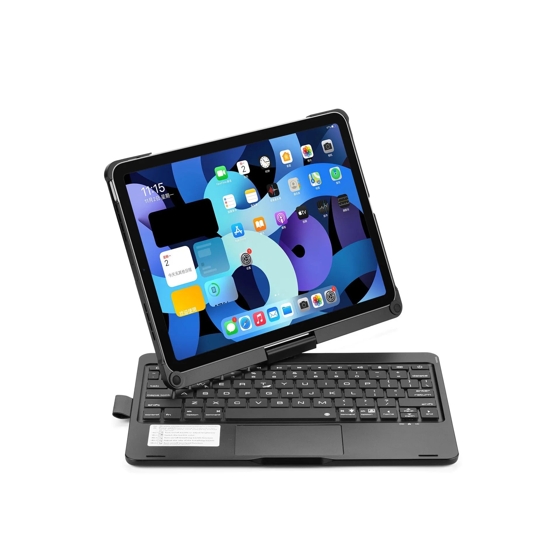 Black rotating backlit Bluetooth keyboard attached to a silver iPad, showing the 360-degree hinge.