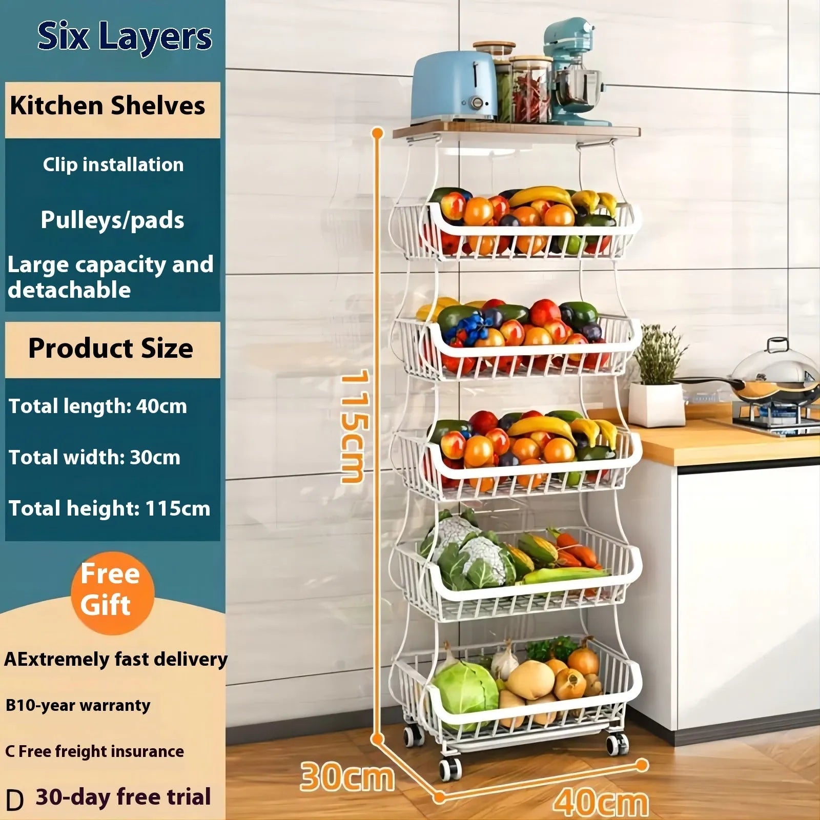Black six-layer floor-standing kitchen storage trolley with foldable carbon steel frame