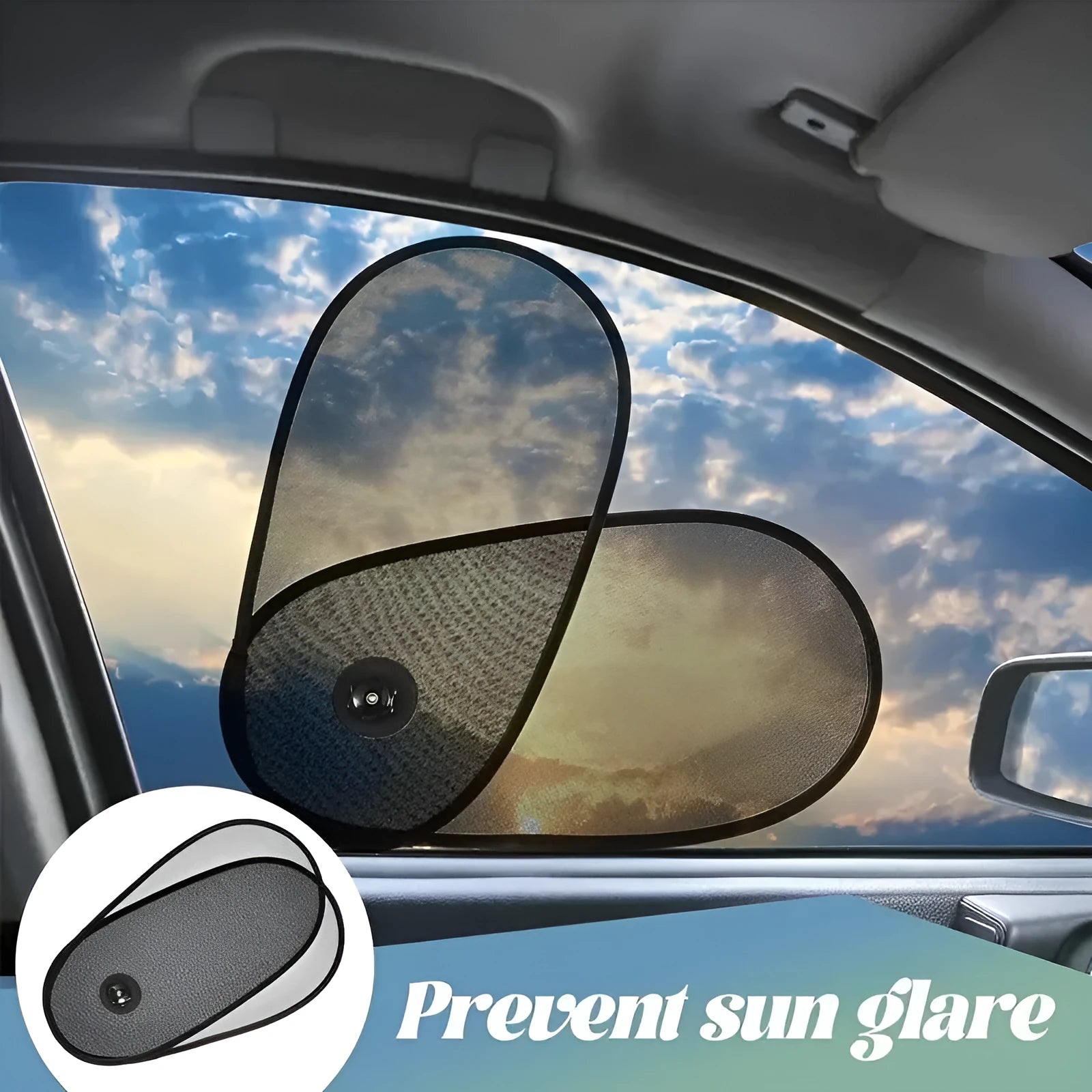 Black stretchy car side window shade installed with suction cups to protect baby from sun.