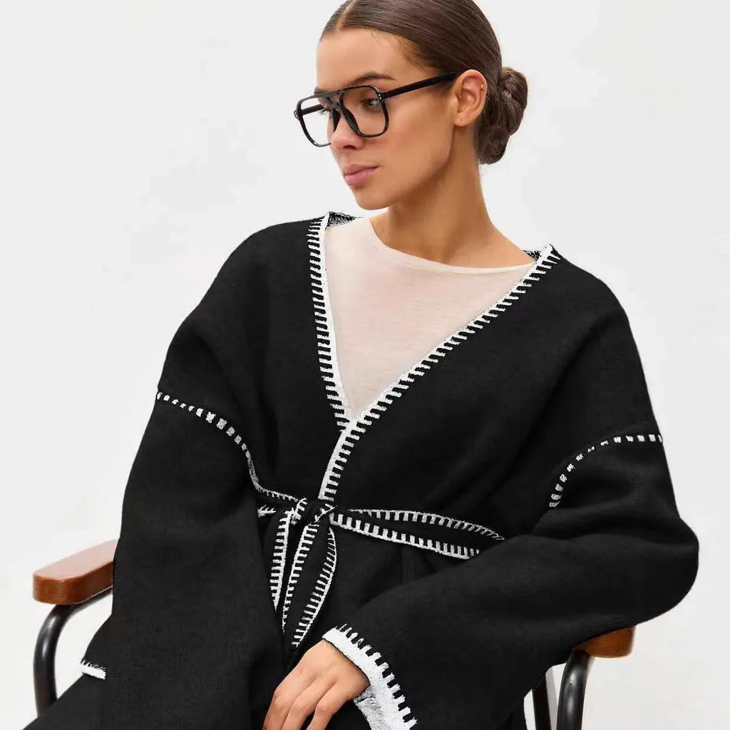 Lace-up front knitted cardigan in imitation cashmere cotton blend fabric in camel colour