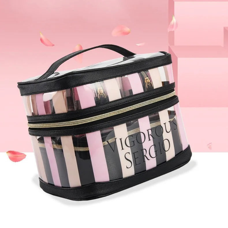 Pink bold stripes floral makeup bag with waterproof synthetic leather construction and folding design