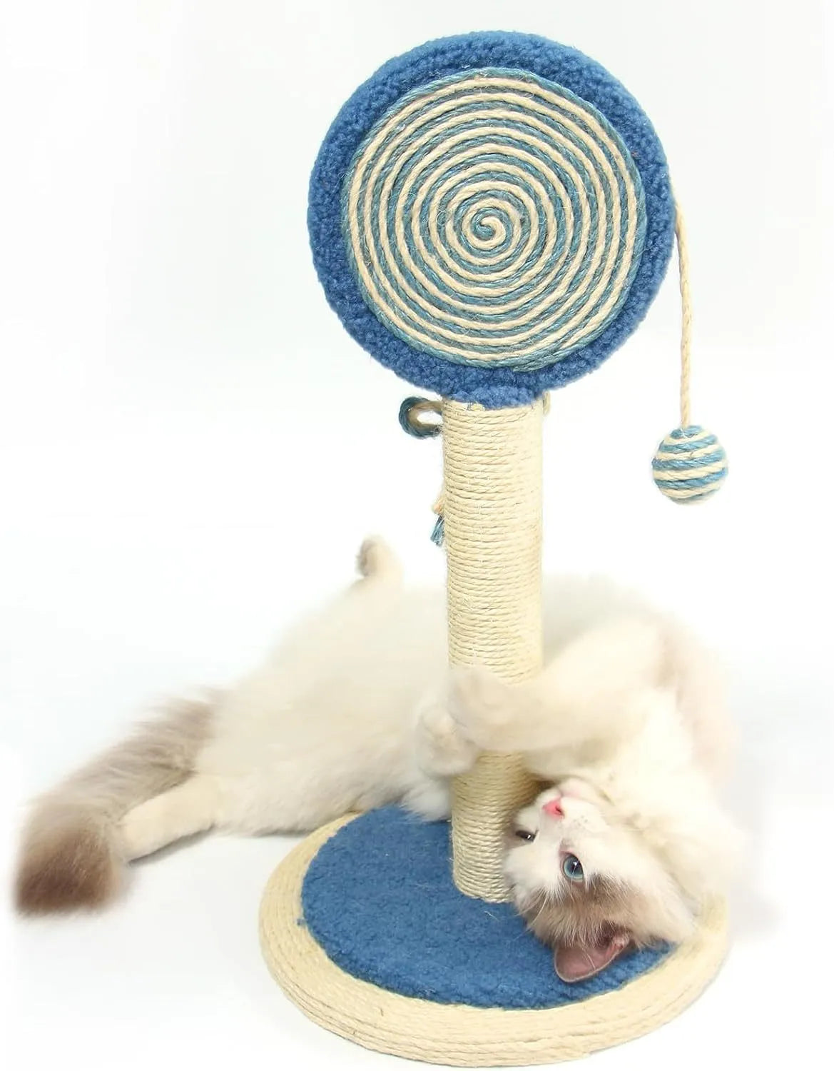 Blue cat scratching post with sisal surface and hanging ball on stable circular base
