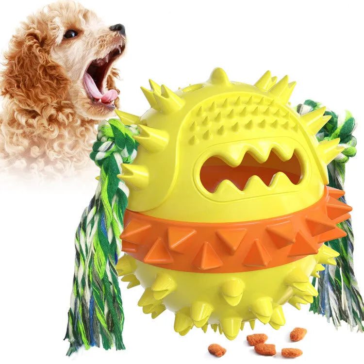 Blue and red ball-shaped dog chew toy with texture and a treat dispenser hole.