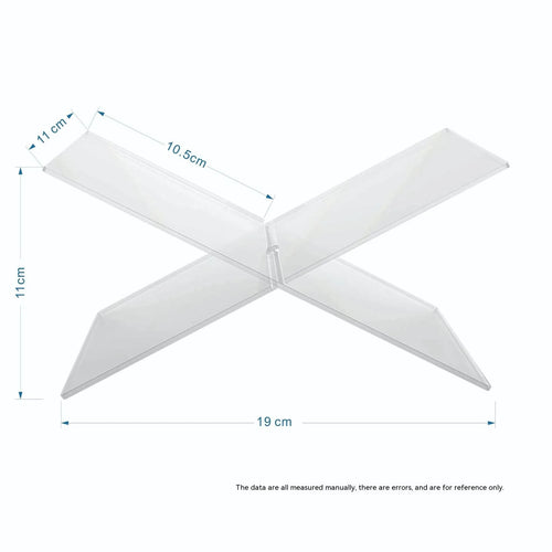 Clear acrylic X-shaped book display rack holding books upright on desktop