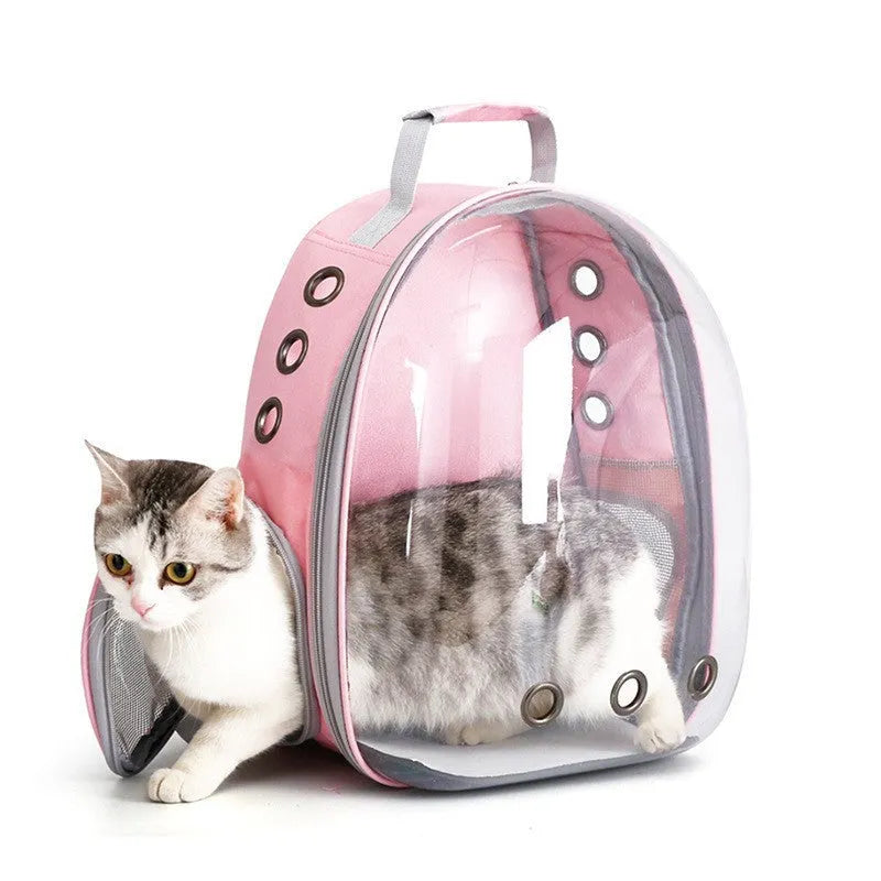 Grey astronaut-style structured cat carrier bag with a side-opening door