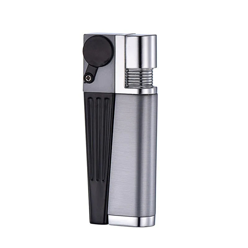 Folding metal pipe lighter showing open position with stash compartment visible