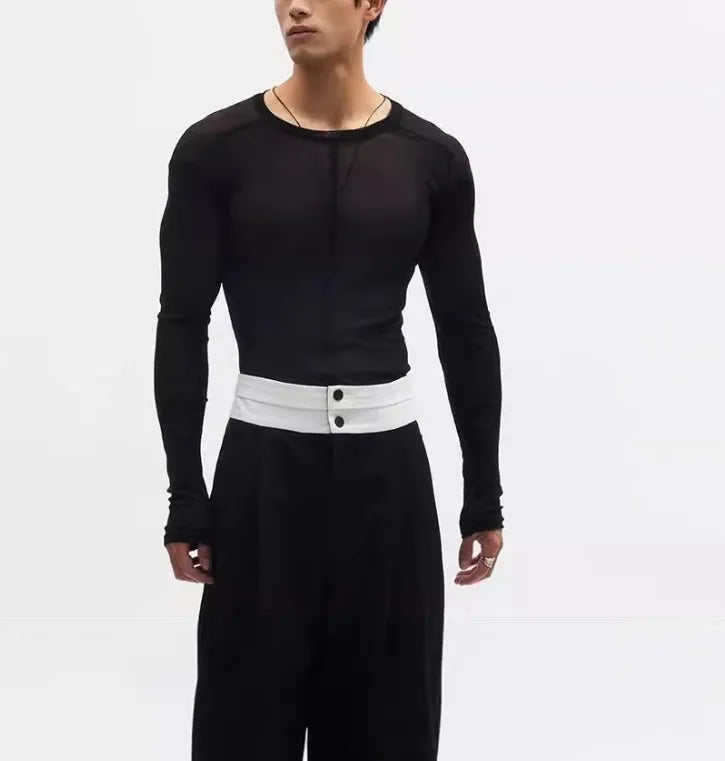 Black slim-fit mesh pullover with long sleeves and round neck