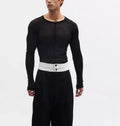 Black slim-fit mesh pullover with long sleeves and round neck