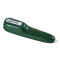 Dark green kitchen peeler with stainless steel blade inside a storage tube