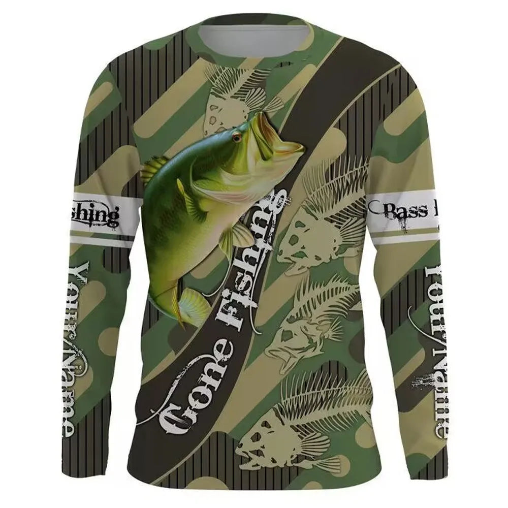 Men's grey round neck long sleeve pullover with a large colourful fish graphic print on the front.