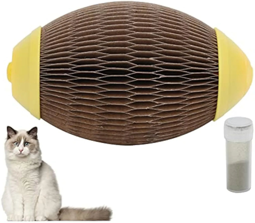 Ellipse-shaped catnip ball toy made of recycled corrugated paper, showing scratch surface and size.