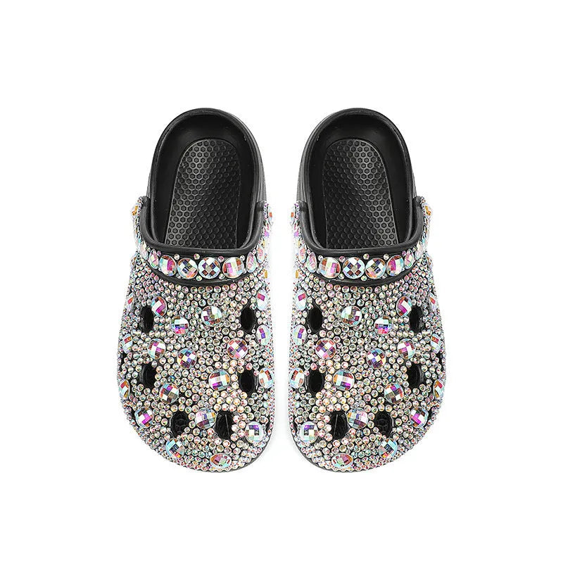 Black women's platform sandals with rhinestone decoration and perforated hole design