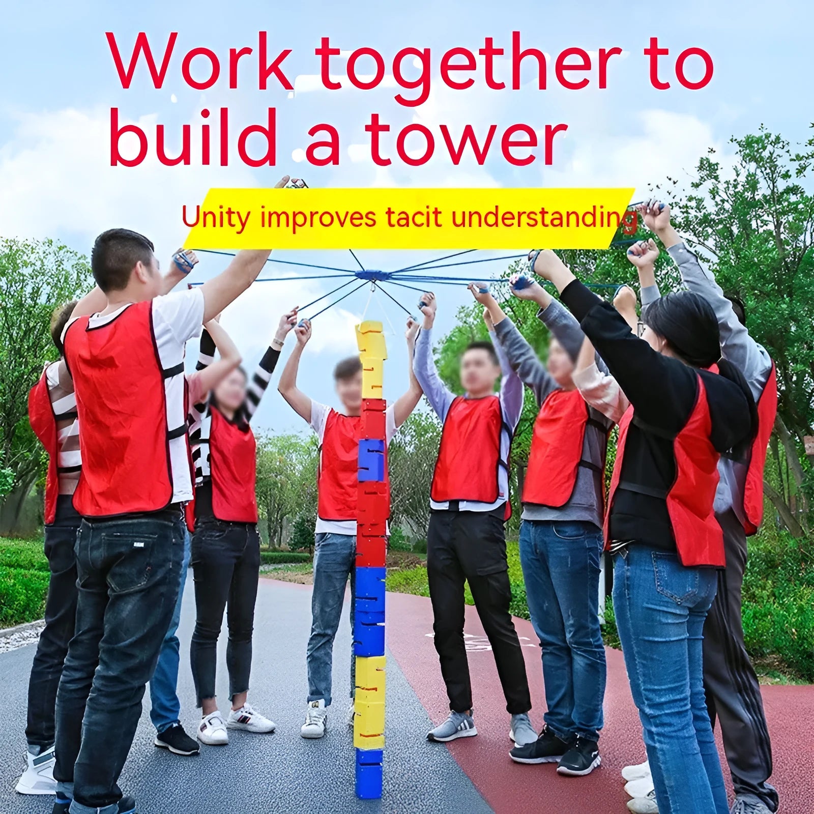 Set of coloured ABS plastic tower blocks with pull ropes and metal hook frame for outdoor team building games.
