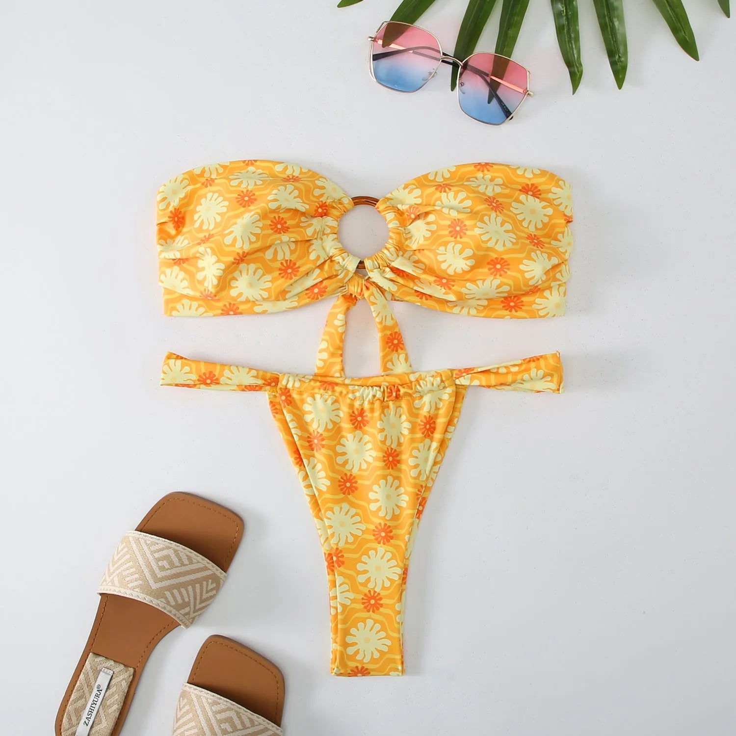 Women's floral print tube top bikini with ring detail and backless briefs