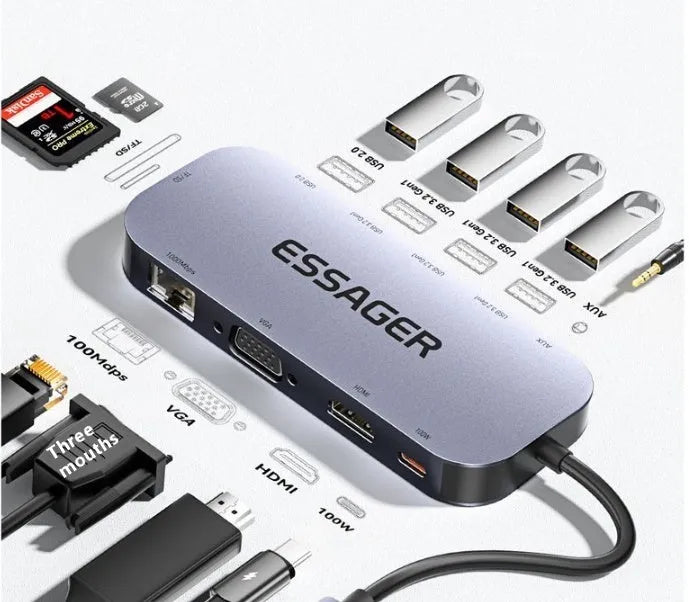 11-in-1 USB-C expansion dock with multiple ports and 20cm connecting cable