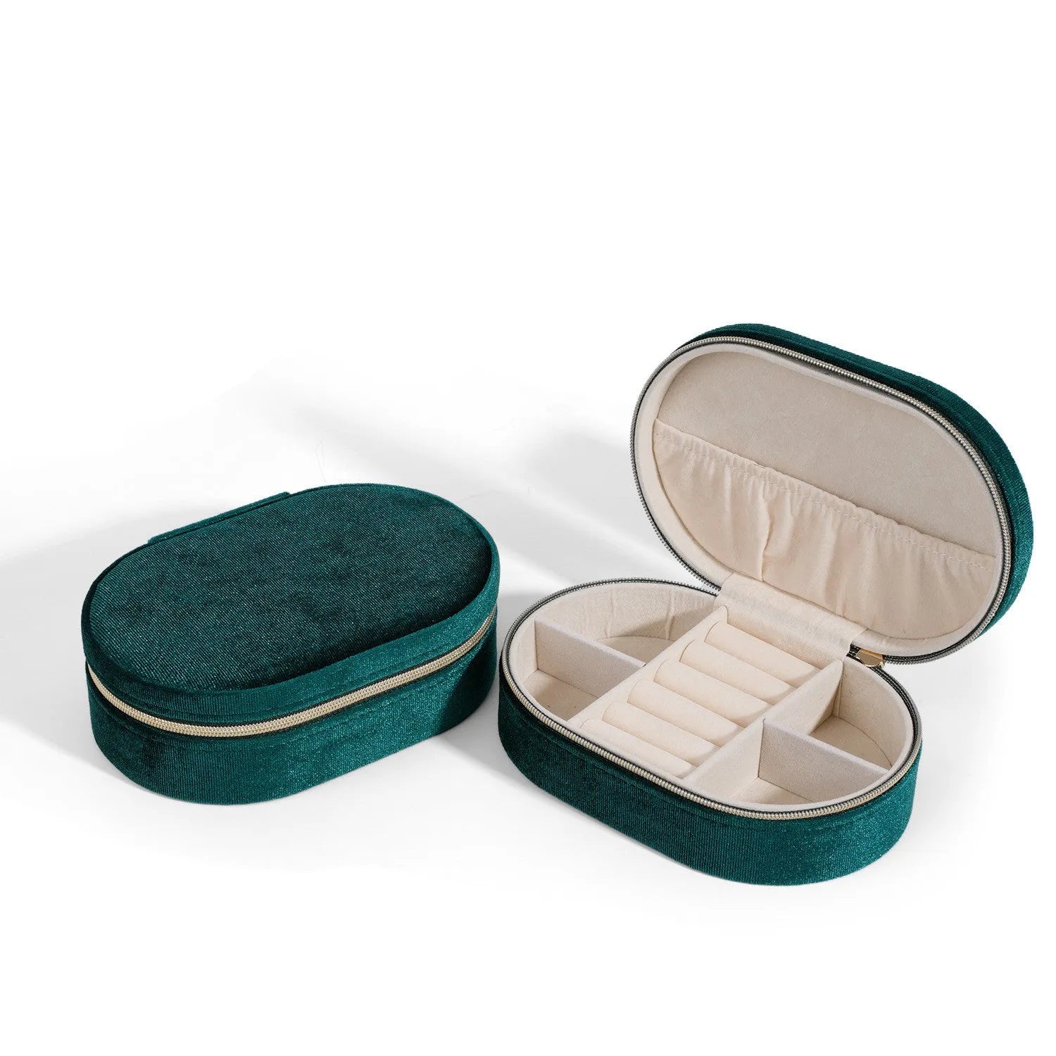 Oval velvet jewelry storage box in lake blue colour showing compact 15x10x5cm dimensions with flannel interior