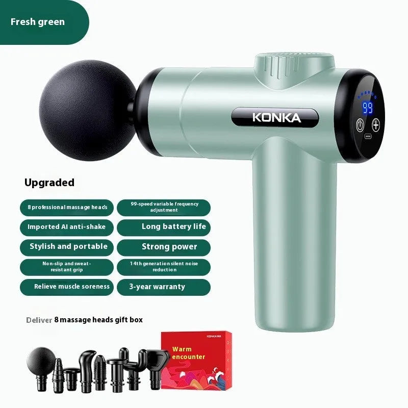 Konka professional mini electric massage gun with multiple attachment heads on a grey background