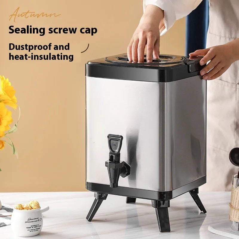 Silver stainless steel milk tea bucket with square-lock lid showing 8 litre capacity for commercial beverage storage