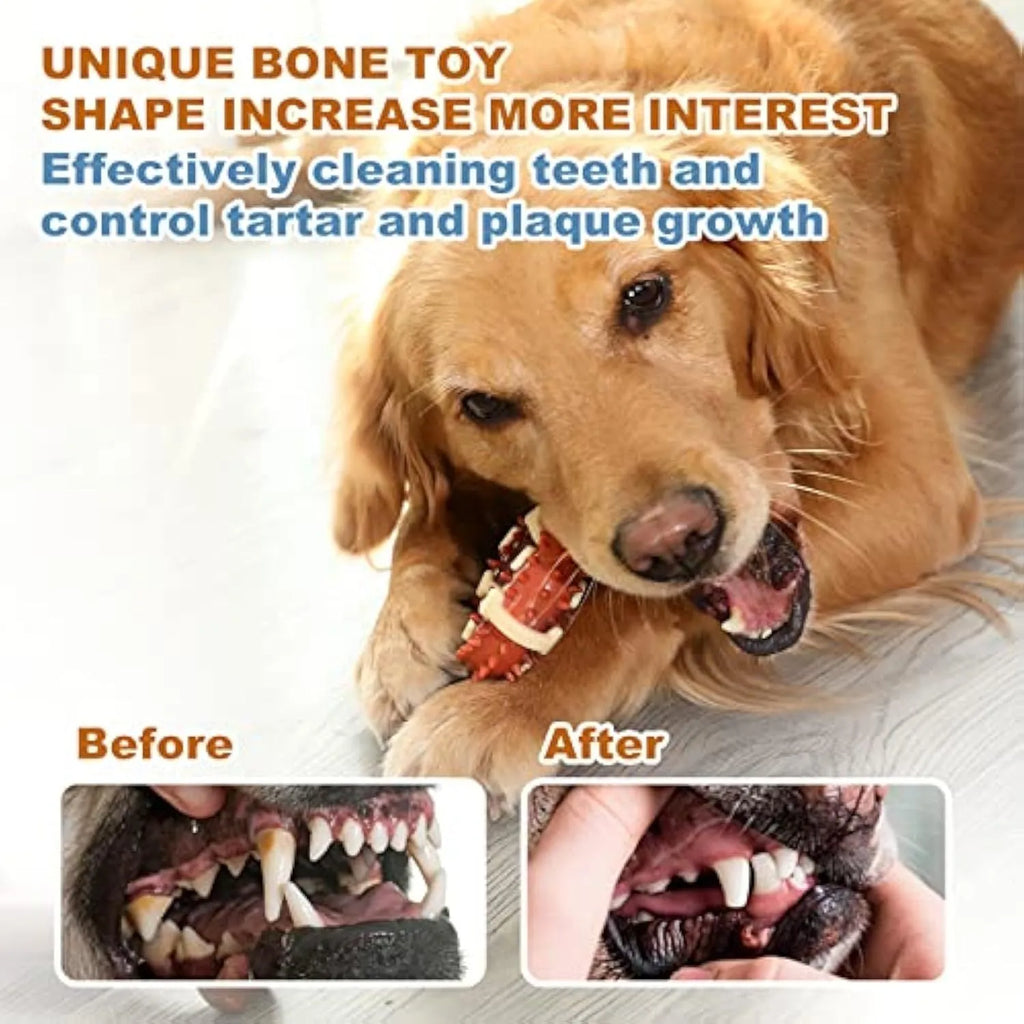 Bone-shaped natural rubber dog chew toy for teeth grinding, shown in two sizes.
