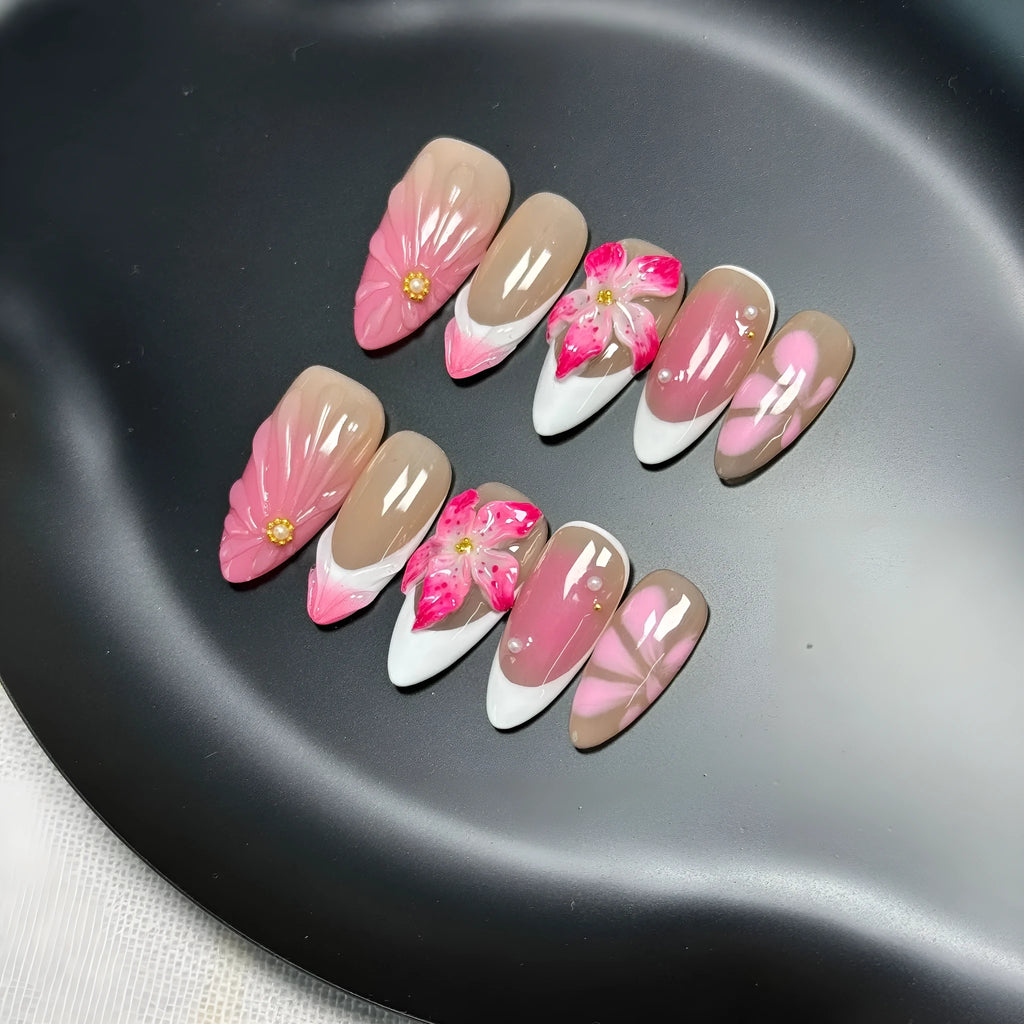 French style three-dimensional lily fluid ice flower artificial nails in almond shape with plastic construction