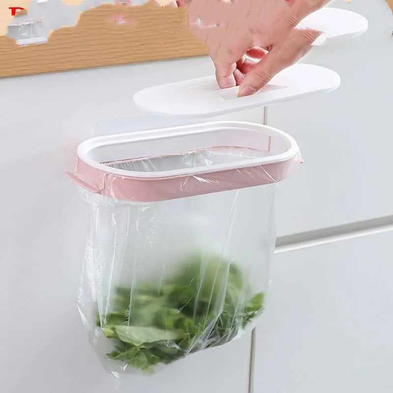 Blue plastic kitchen garbage bag storage rack holder for under cabinet mounting.