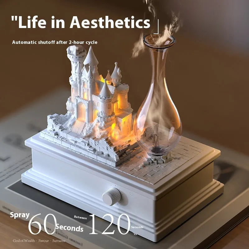 White medieval castle waterless aromatherapy machine with USB charging cable and essential oil