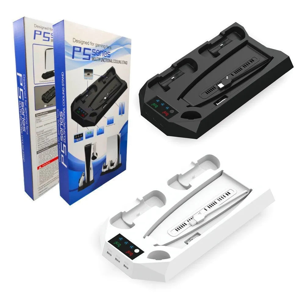 PS5 charging base radiator station in black or white with USB ports for controller charging and cooling functions