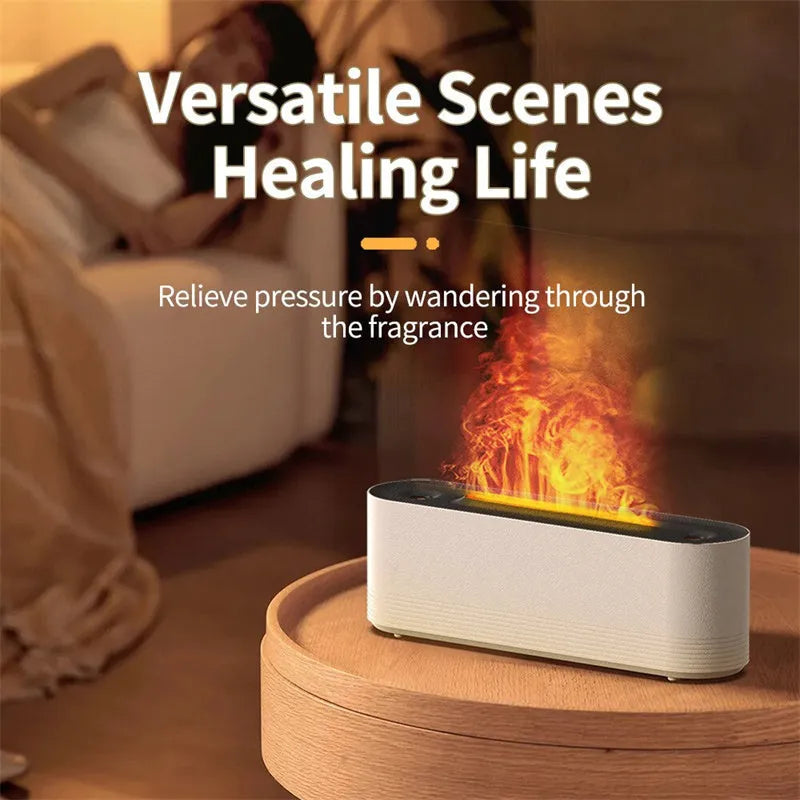 Black ultrasonic humidifier diffuser with colourful LED lights creating flame-like mist effect